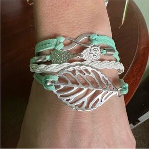 NWT Sea Foam Green and White Multi-Strand Bracelet with Leaf and Owls